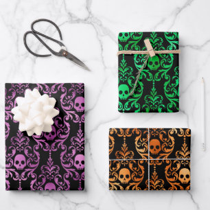 Purple, Orange & Green Foil Skull Damask Halloween Wrapping Paper Sheets