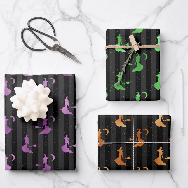 Purple, Orange & Green Foil Witches & Stripes Wrapping Paper Sheets (Front)