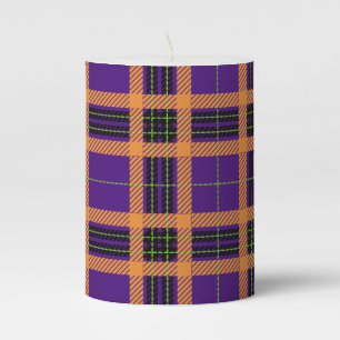PURPLE ORANGE GREEN HALLOWEEN PLAID PATTERN PILLAR CANDLE