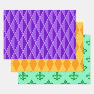 PURPLE ORANGE GREEN MARDI GRAS PATTERNS WRAPPING PAPER SHEETS