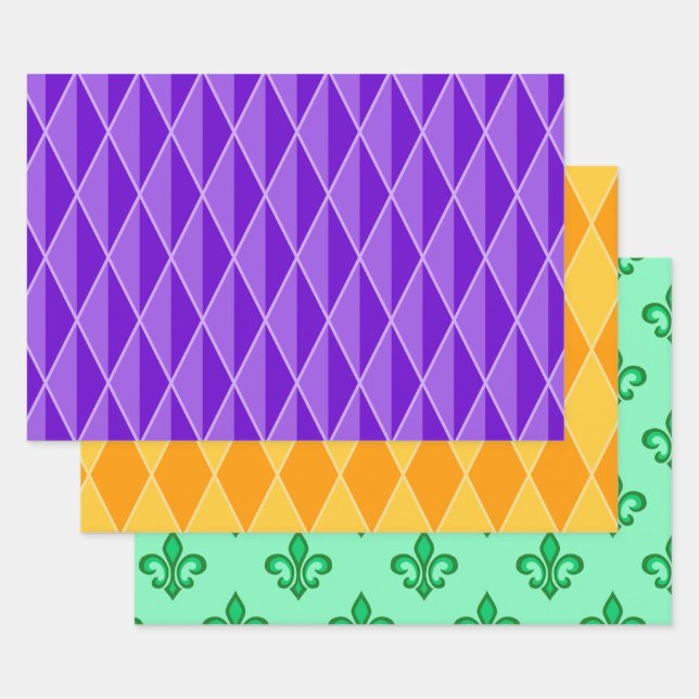 PURPLE ORANGE GREEN MARDI GRAS PATTERNS WRAPPING PAPER SHEETS (Set)