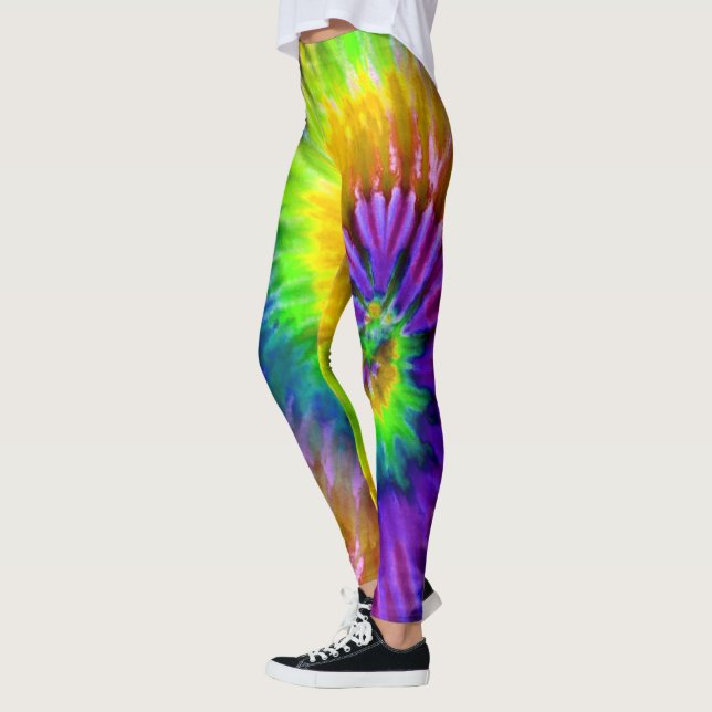 Purple Orange Green Psychedelic Starburst Tie Dye Leggings (Left)