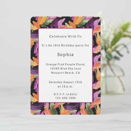 Purple Orange Green Yellow Flowers Birthday Invitation