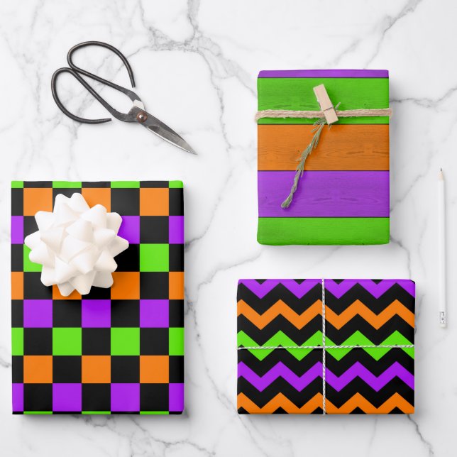 PURPLE ORANGE GREEN YELLOW HALLOWEEN PATTERNS WRAPPING PAPER SHEETS (Front)