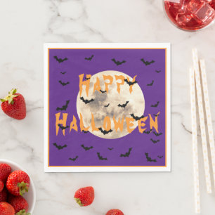 Purple Orange Happy Halloween Bats Moon Napkins
