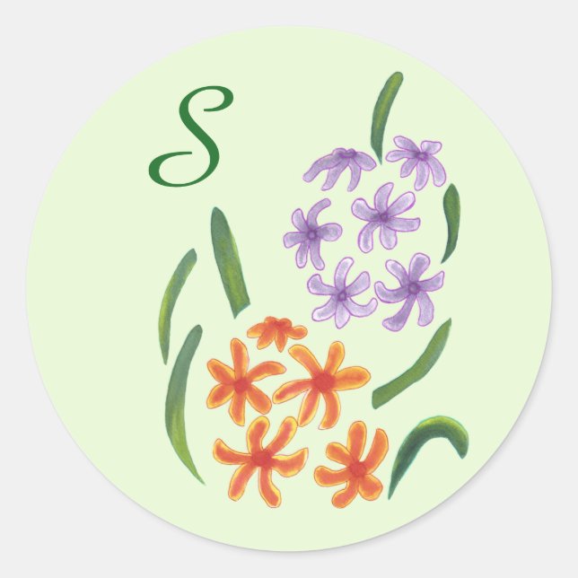 Purple Orange Hyacinth Floral Monogram Stickers (Front)