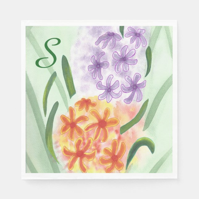 Purple Orange Hyacinth Flowers Monogram Napkins (Front)