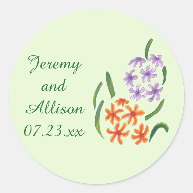 Purple Orange Hyacinth Flowers Save Date Stickers (Front)