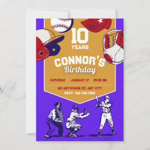 Purple & Orange llustrated baseball birthday party Invitation