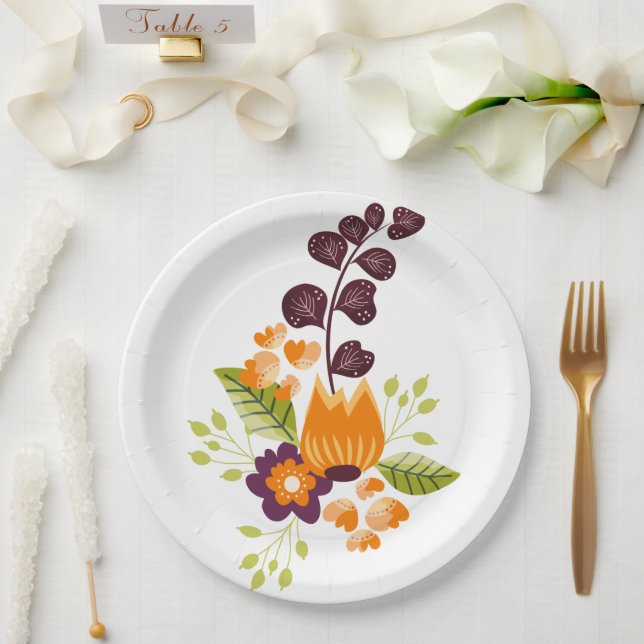 Purple Orange Modern Floral Paper Plates (Wedding)