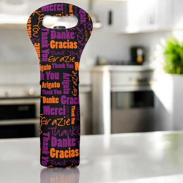 Purple Orange Multilingual Thank You Typography Wine Bag (Entire wine tote features the word cloud design)