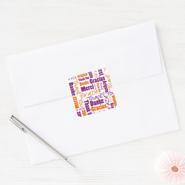 Purple & Orange Multilingual Thanks  Pick A Shape Square Sticker (Envelope)