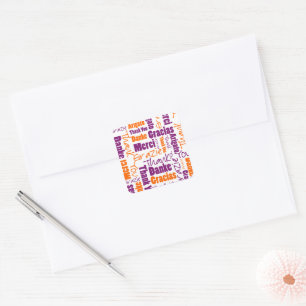 Purple & Orange Multilingual Thanks Pick A Shape Square Sticker