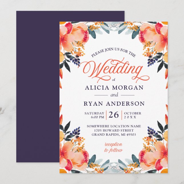 Purple orange odessa watercolor flower invitation (Front/Back)