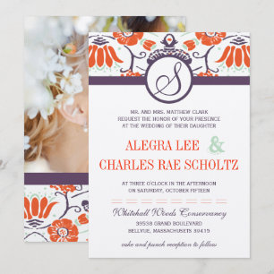 Purple Orange Persimmon and Mint Paisley Wedding Invitation
