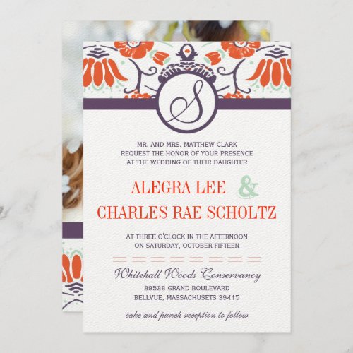 Purple Orange Persimmon and Mint Paisley Wedding Invitation