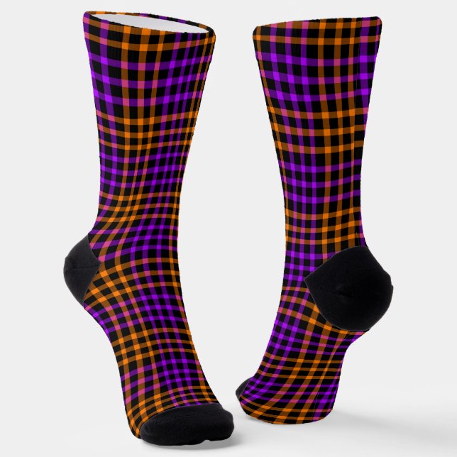 Purple Orange Plaid Checker Seamless Pattern Socks (Angled)