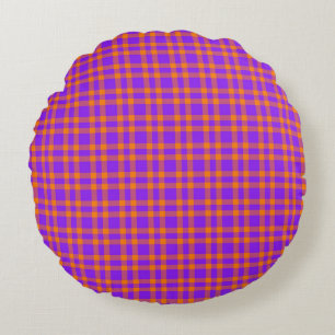 Purple Orange Plaid Pattern Round Pillow