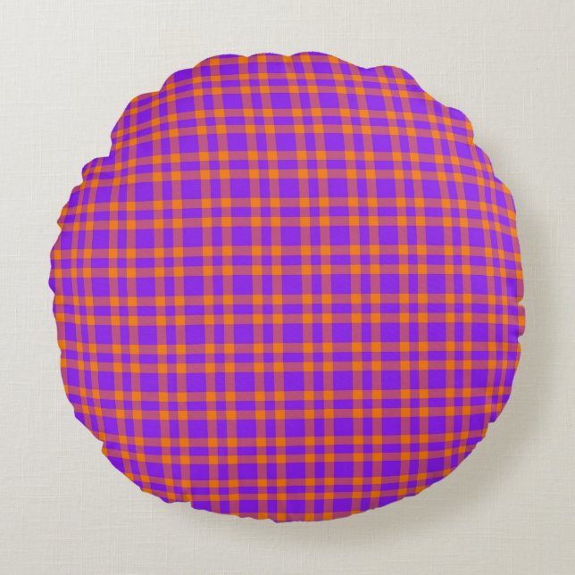 Purple Orange Plaid Pattern Round Pillow (Front)