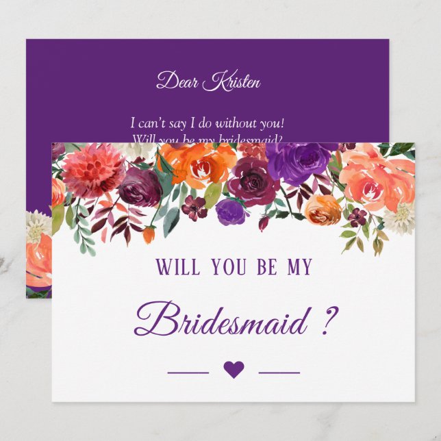 Purple Orange Red Floral Will You Be My Bridesmaid Invitation (Front/Back)