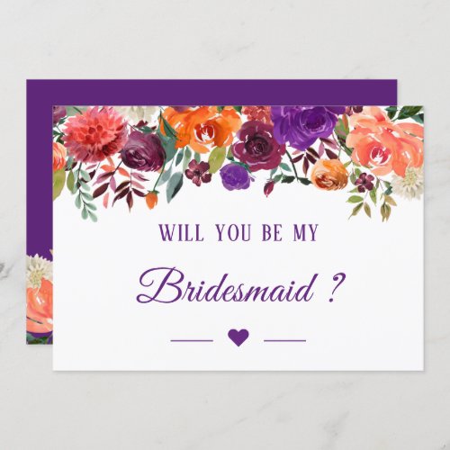 Purple Orange Red Floral Will You Be My Bridesmaid Invitation - Purple Orange Red Floral Will You Be My Bridesmaid Card. 
(1) For further customization, please click the "customize further" link and use our design tool to modify this template. 
(2) If you need help or matching items, please contact me.