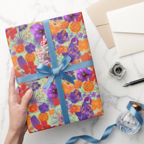 Purple Orange Red Spring Floral wrapping paper