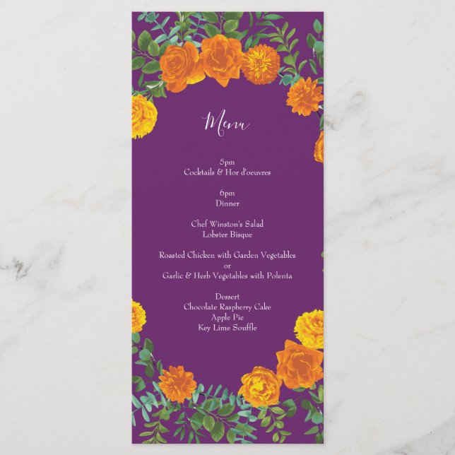 Purple Orange Rose Wedding Spring Menu (Front)