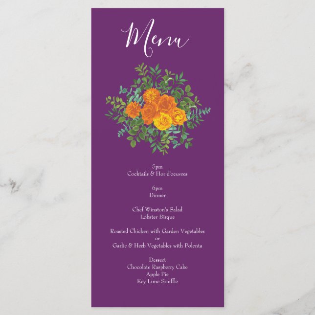 Purple Orange Rose Wedding Spring Menu (Front)