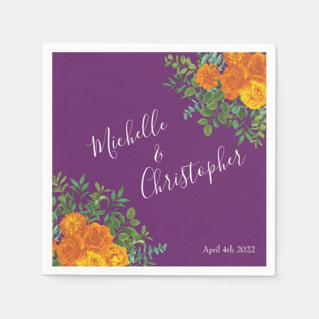Purple Orange Rose Wedding Spring Napkins (Front)