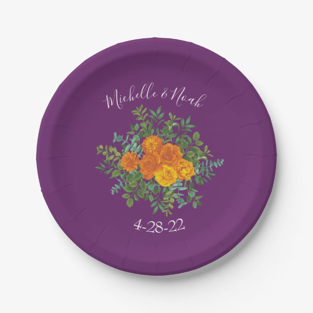 Purple Orange Rose Wedding Spring Paper Plates (Front)