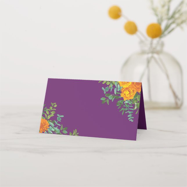 Purple Orange Rose Wedding Spring Place Card (Front)