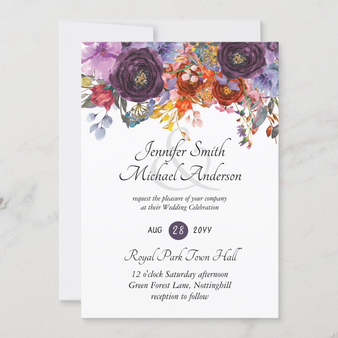 Purple Orange Roses Plum Floral Wedding Invitation | Zazzle