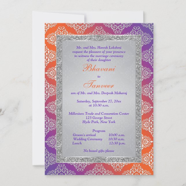 Purple, Orange, Silver FAUX Glitter Wedding Invite (Front)