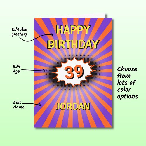Purple orange splash custom name age birthday card
