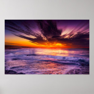 Purple Orange Sunset Horizon Over Ocean Poster