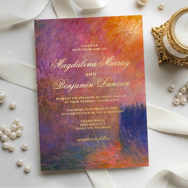 Purple & Orange Sunset Sky Monet Fine Art Wedding Foil Invitation (Creator Uploaded)
