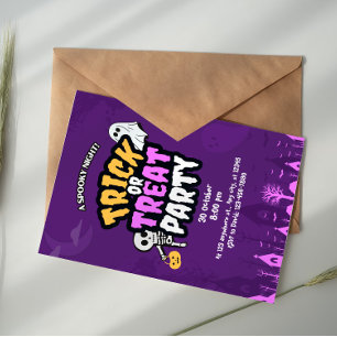 Purple Orange Trick or Treat Halloween Party  Invitation