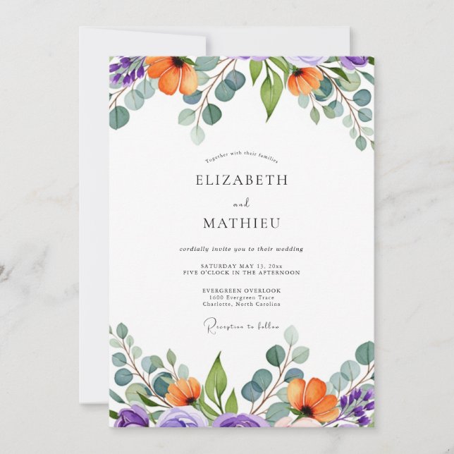 Purple Orange Vibrant Summer Wedding Invitation (Front)
