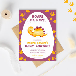 Purple Orange watercolor Dinosaur Baby Boy Shower Invitation