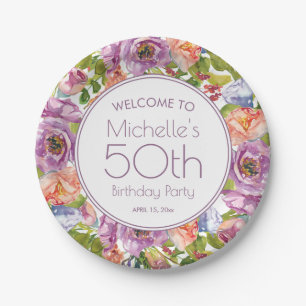Purple Orange Watercolor Floral 50th Birthday Paper Plates