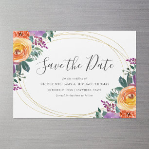 Purple Orange Watercolor Floral Save the Date Magnetic Invitation