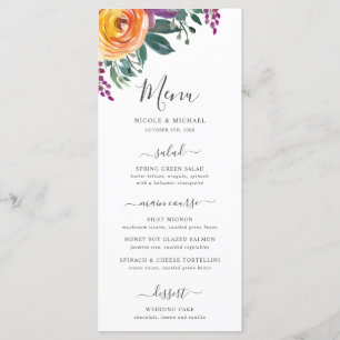 Purple Orange Watercolor Floral Wedding Menu
