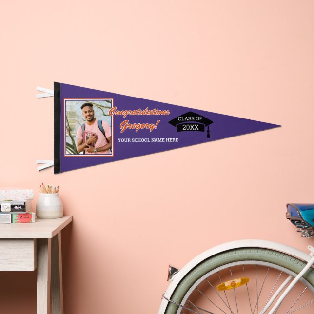Purple Orange White Black Congratulations Grad Pennant Flag (Front)