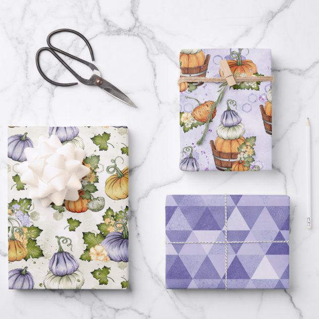 PURPLE ORANGE WHITE FALL AUTUMN PUMPKINS WRAPPING PAPER SHEETS (Front)