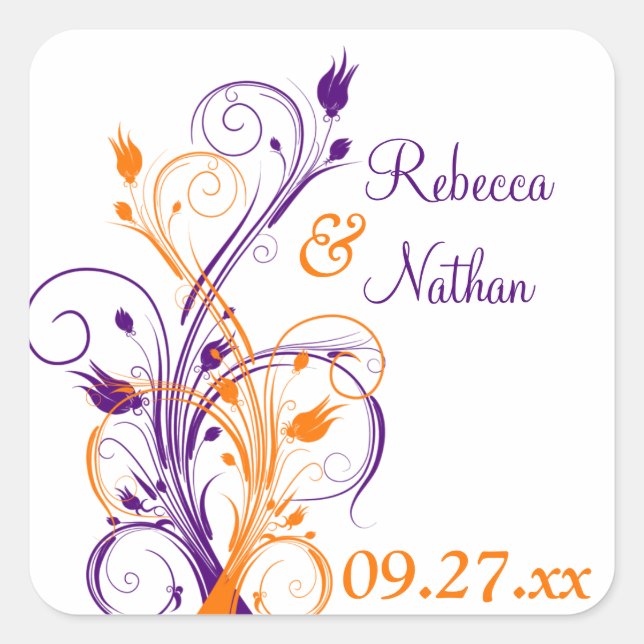 Purple Orange White Floral 1.5" Wedding Sticker (Front)