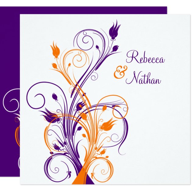 Purple Orange White Floral Sq. Wedding Invitation