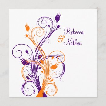 Purple Orange White Floral Sq. Wedding Invitation by NiteOwlStudio at Zazzle