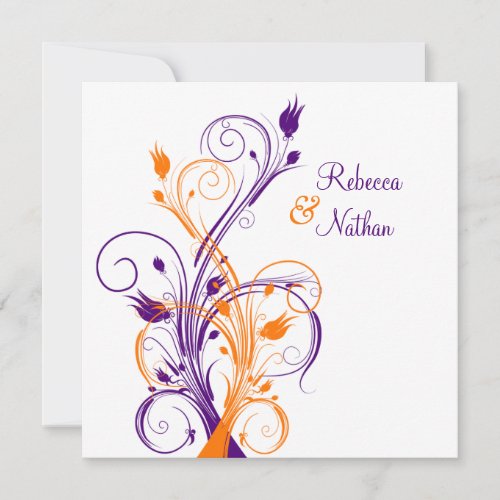 Purple Orange White Floral Sq. Wedding Invitation