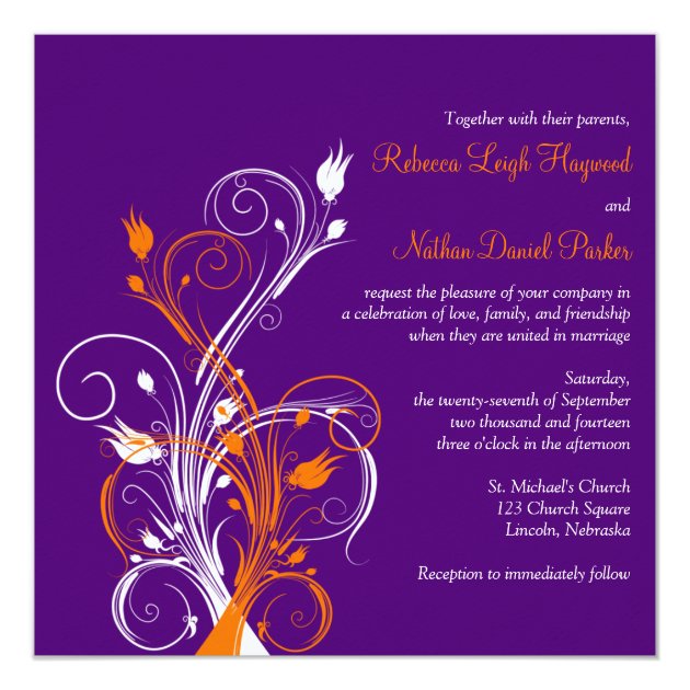 Purple Orange White Floral Sq. Wedding Invitation