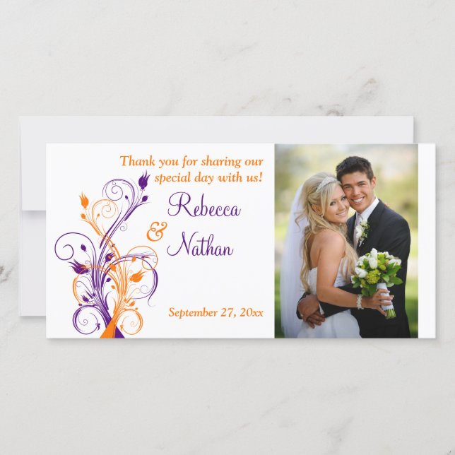 Purple, Orange, White Floral Wedding Photo Card (Front)